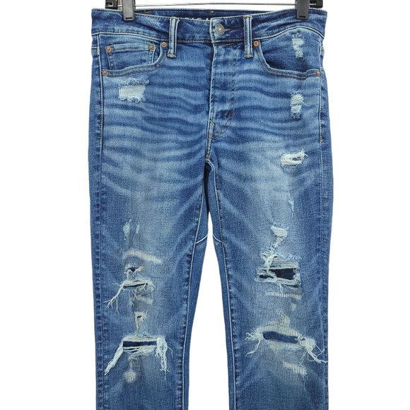 American Eagle Airflex + Jeans Move Free Slim Stretch Mens 29x32 Distressed Blue - Picture 6 of 12